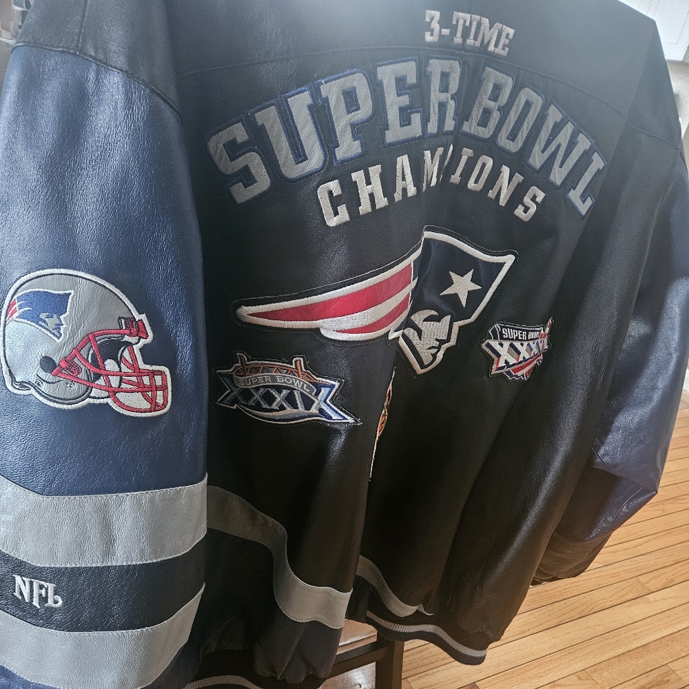 Mens Vintage NFL Patriots 3 Time Superbowl Jacket Leather  4XL